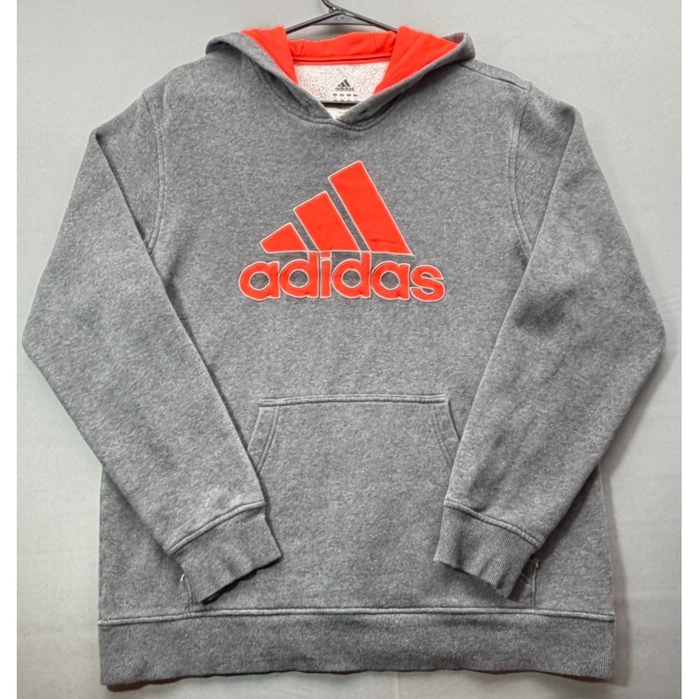 Adidas Men's Large Pullover Hoodie Gray Orange Big Logo Fleece Sweatshirt L